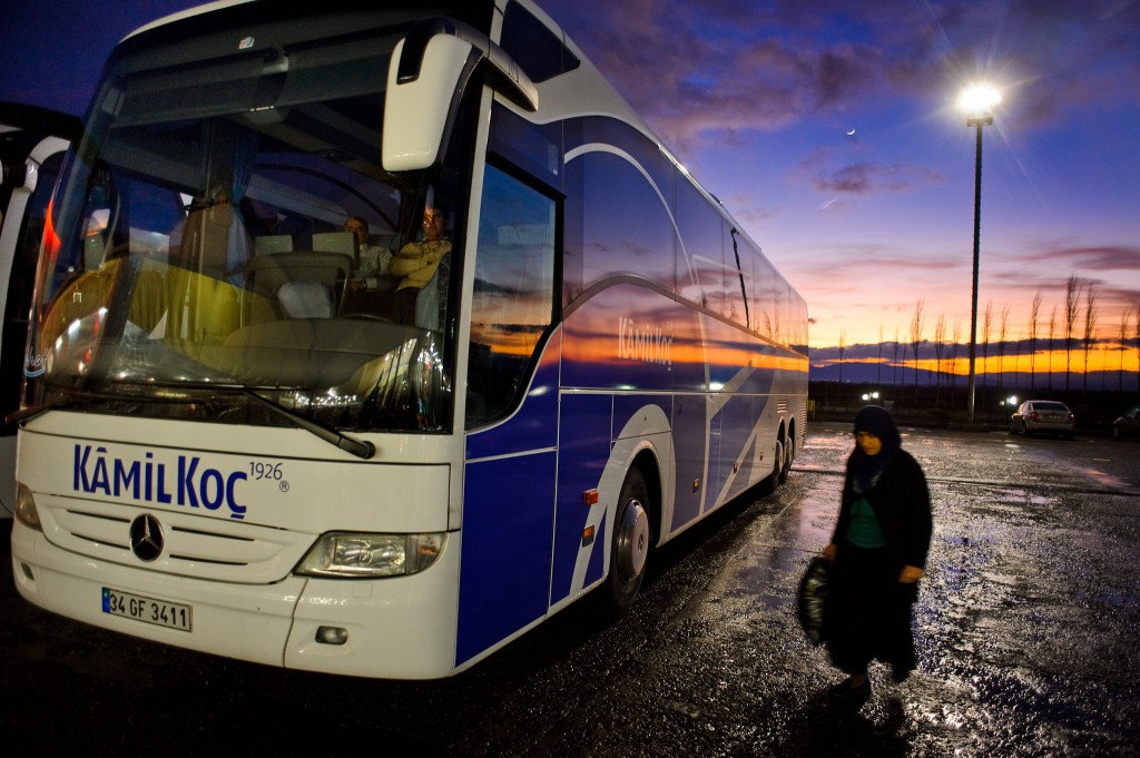 Life in Turkey Bus, sunset, lone traveler walks to the bus